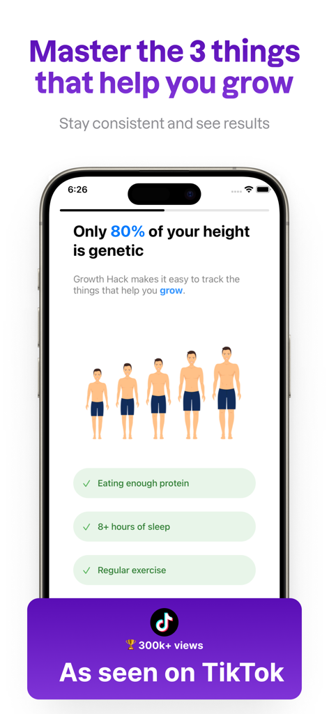 Captura de tela do Taller App mostrando fatores-chave de crescimento como proteína, sono e exercício com um endosso do TikTok.