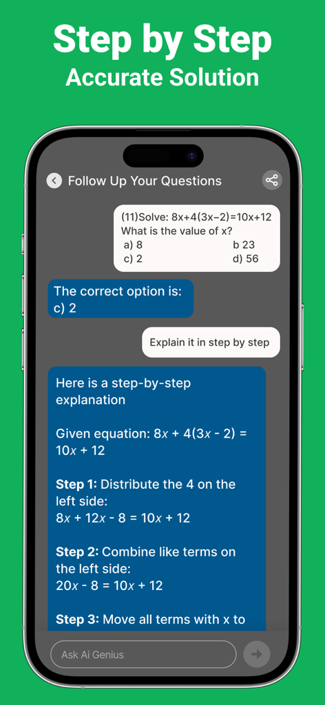 PhotoSolve: Answer Pic Solver - A smartphone showing the PhotoSolve app providing a detailed step-by-step mathematical explanation for an algebra equation