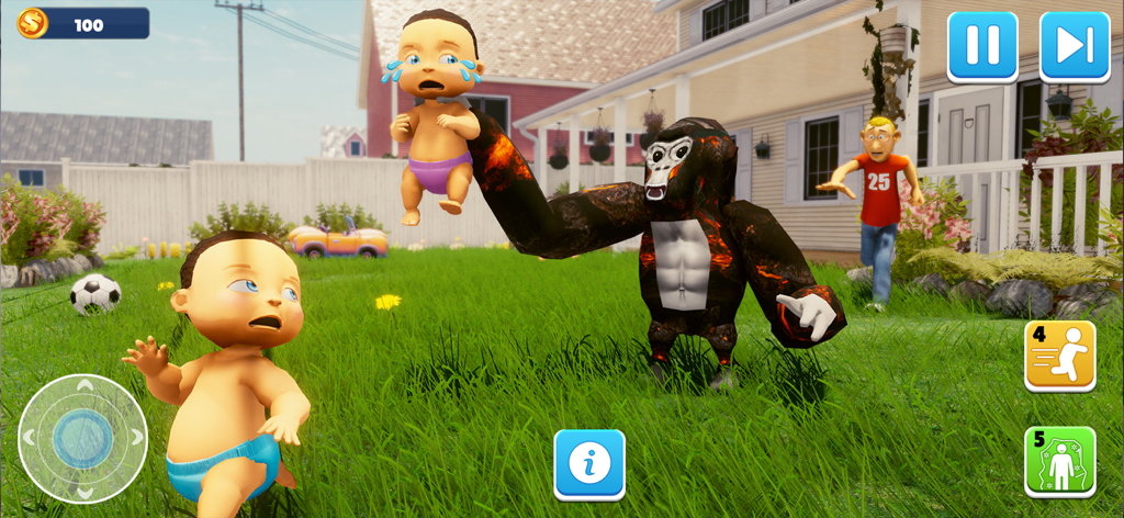 Hide And Seek: Find Daddy Game - A baby runs across a green lawn while a large gorilla holds another crying baby in its hand in a backyard setting