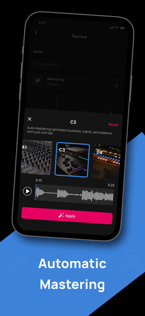Mobile interface of Voloco app showing automatic mastering presets like C3 to optimize loudness and clarity of vocal tracks