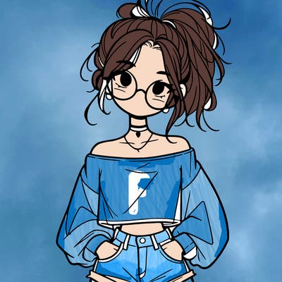 girl with a messy ponytail glasses a baggy crop top and jean shorts