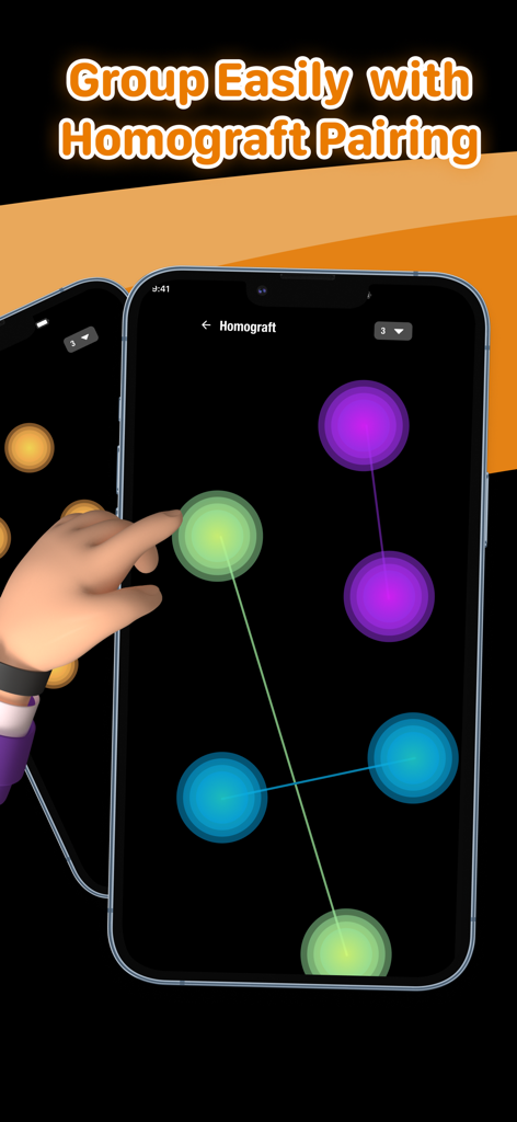 Spin The Wheel - Finger Picker - A mobile screen showing the homograft pairing feature of the Spin The Wheel app with colored circles connected to form groups.