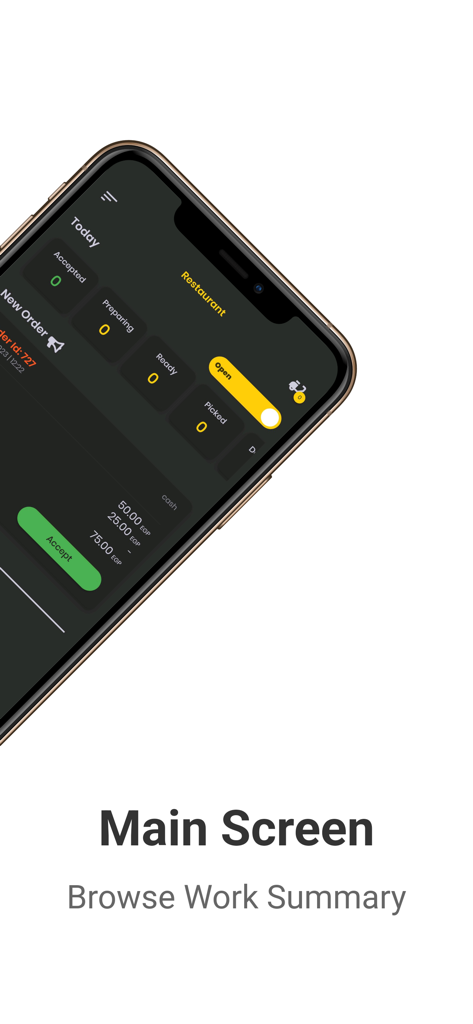 Hurryapp Vendor - Panel principal de HurryApp Vendor que muestra el resumen del trabajo con el estado y los detalles del pedido.
