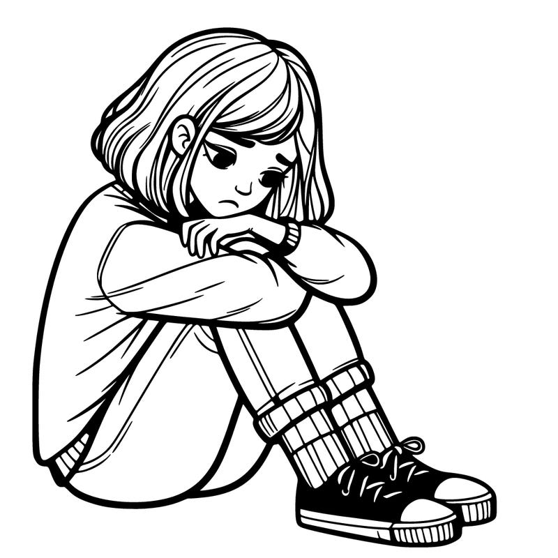 realistic sad girl sitting with her knees to her chest