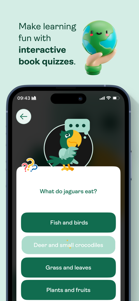 Pantalla de la aplicación Pickatale que muestra un cuestionario de lectura interactivo para niños con una pregunta sobre jaguares