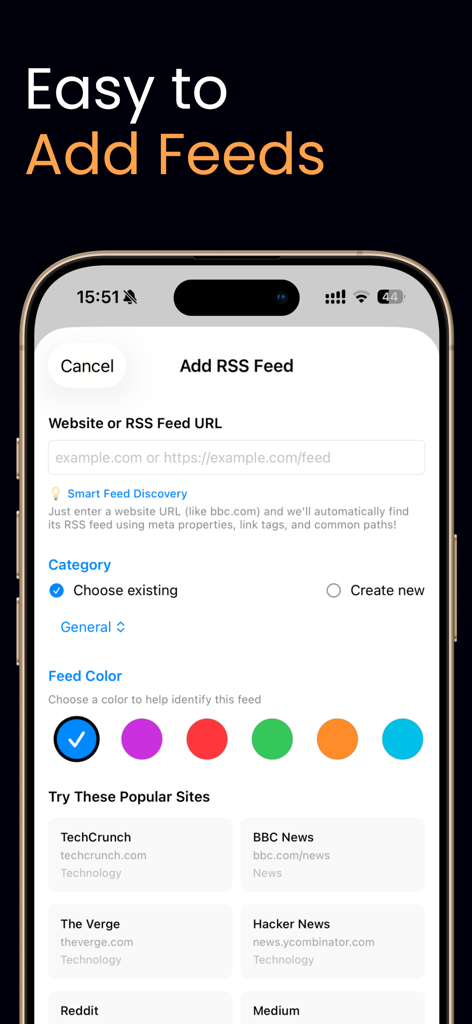 The Add RSS Feed screen of the Simplio app showing options to enter a URL, select a category, and choose a feed color