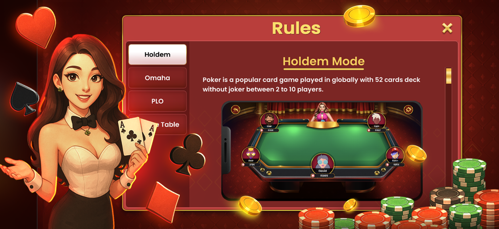 Poker Champ TexasHoldem Omaha - The rules screen for Texas Holdem mode in the Poker Champ mobile app.