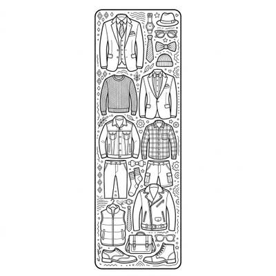 Discover a stylish collection of menswear perfect for fashion enthusiasts and aspiring designers on this unique coloring bookmark. Personalize dapper suits, casual outfits, and cool accessories to create a one-of-a-kind accessory for your favorite book.
