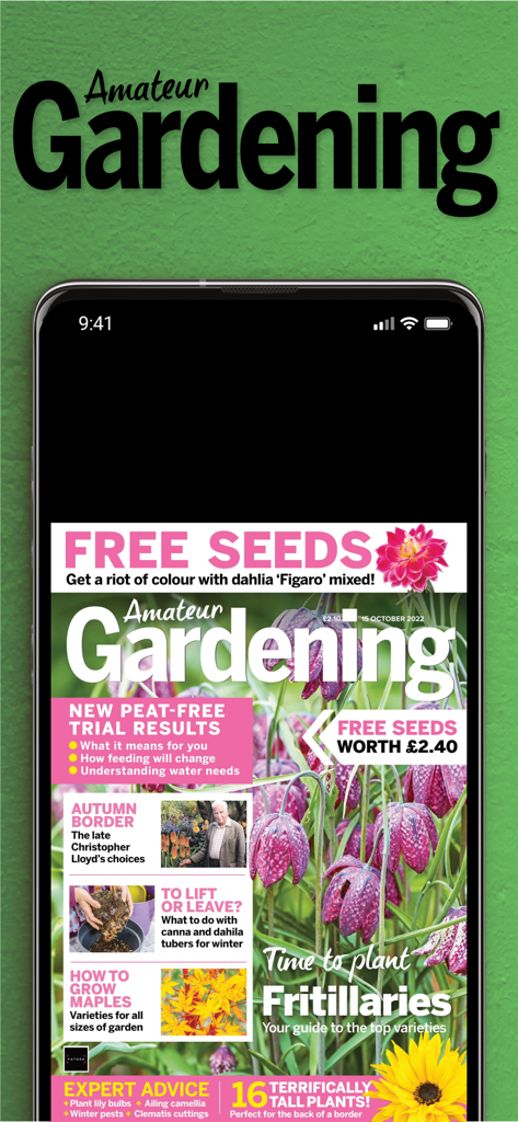 A smartphone showing the digital cover of Amateur Gardening Magazine with gardening advice and floral imagery