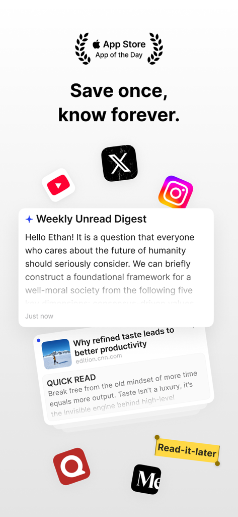 Cubox: AI Read-It-Later App - Screenshot of Cubox AI read-it-later app showing the weekly unread digest and App Store App of the Day badge.