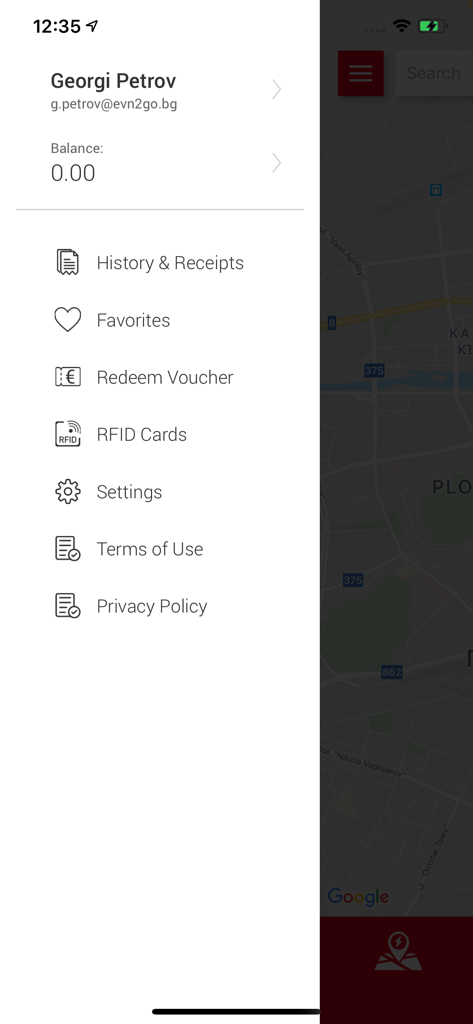 EVN2GO - Menu laterale dell'app EVN2GO che mostra profilo utente, saldo, cronologia, preferiti e impostazioni