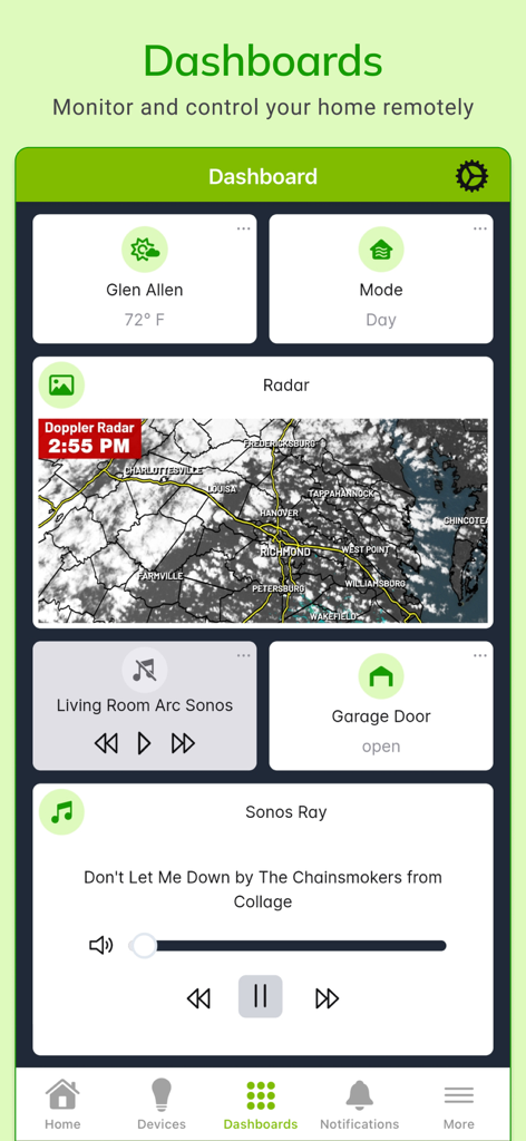Dashboard dell'app mobile Hubitat Elevation con riquadri per meteo, modalità casa, lettore musicale e stato della porta del garage
