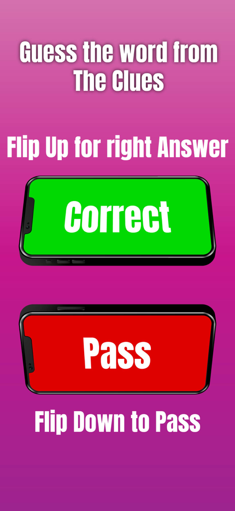 Charades For Adults - Guess Up - Gameplay instructions for Charades For Adults showing how to flip the phone up for correct answers and down to pass.