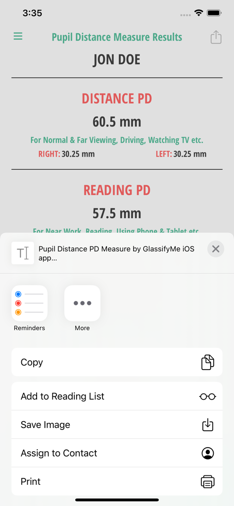 Pupil Distance PD Measure app showing measurement results for distance and reading glasses with an iOS share menu open