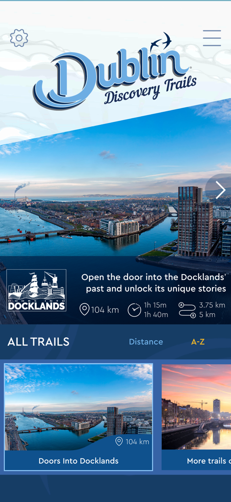 Dublin Discovery Trails - Dublin Discovery Trails app interface showing the Doors Into Docklands walking route.