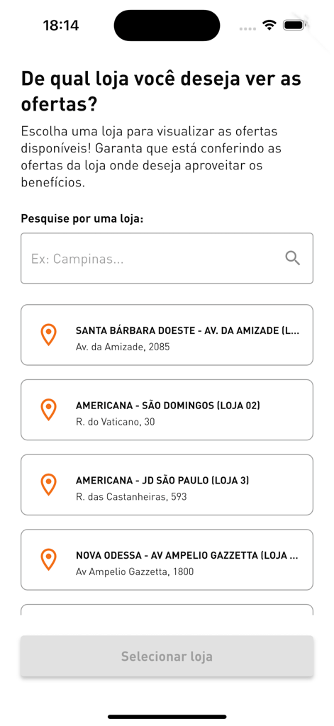 Supermercados Pague Menos - Pantalla de selección de tienda en la app Supermercados Pague Menos que muestra una lista de ubicaciones de supermercados en Brasil
