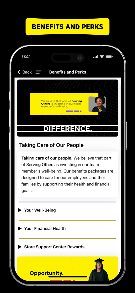 Interface do aplicativo DG Benefícios mostrando a seção Benefícios e Vantagens para funcionários da Dollar General