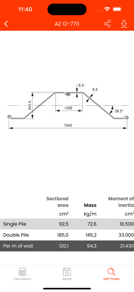 ArcelorMittal Projects - Technical drawing and specification data for AZ 12-770 steel sheet pile including sectional area and mass