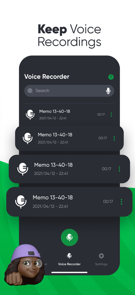 Interface de um aplicativo gravador de voz mostrando uma lista de memorandos de áudio salvos com datas e durações.