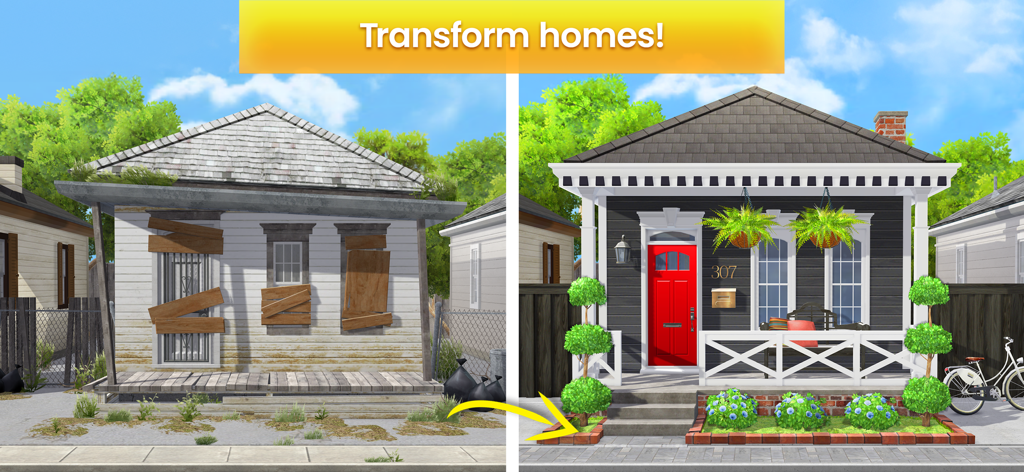 Before and after comparison of a house exterior renovation showing a rundown house transformed into a stylish home with a red door