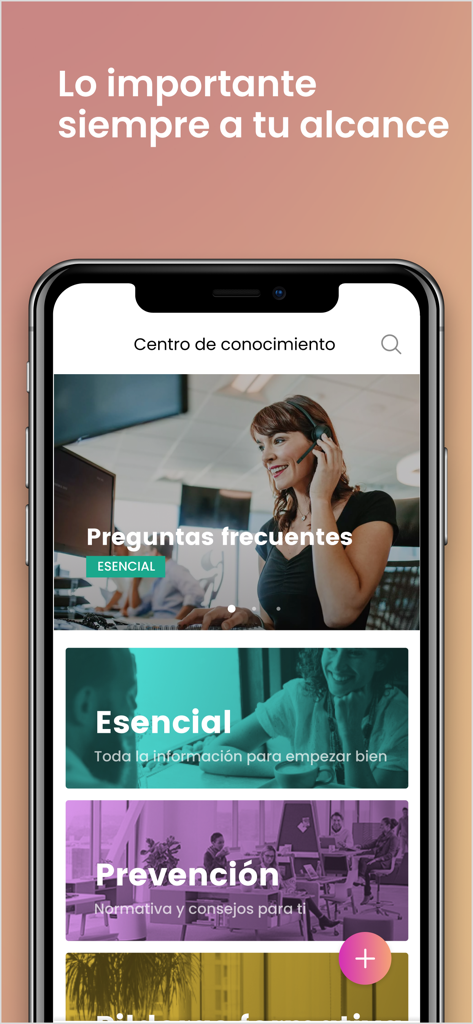 Dialenga - Captura de pantalla de la interfaz de la aplicación Dialenga que muestra el centro de conocimiento y las categorías de comunicación interna como FAQ y prevención
