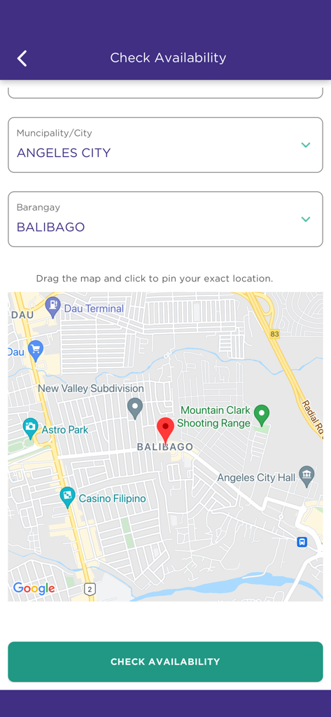 Pantalla de verificación de disponibilidad de la aplicación Converge GoFiber con vista de mapa y selección de ubicación