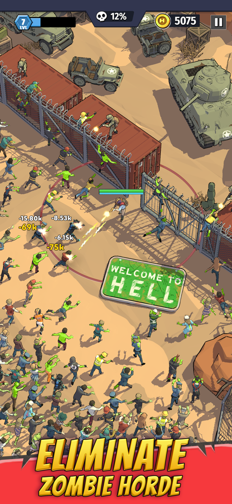 軍用車両の近くで巨大なゾンビの群れに向かって撃っているヒーローキャラクターのトップダウンゲームプレイ