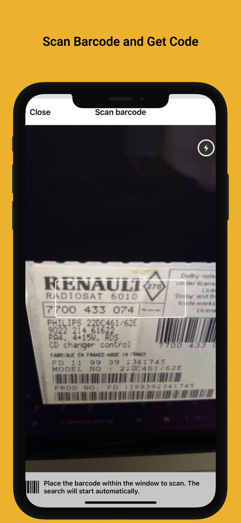 Mobile App-Oberfläche, die die Barcode-Scanner-Funktion zum Entsperren eines Renault-Autoradios zeigt.