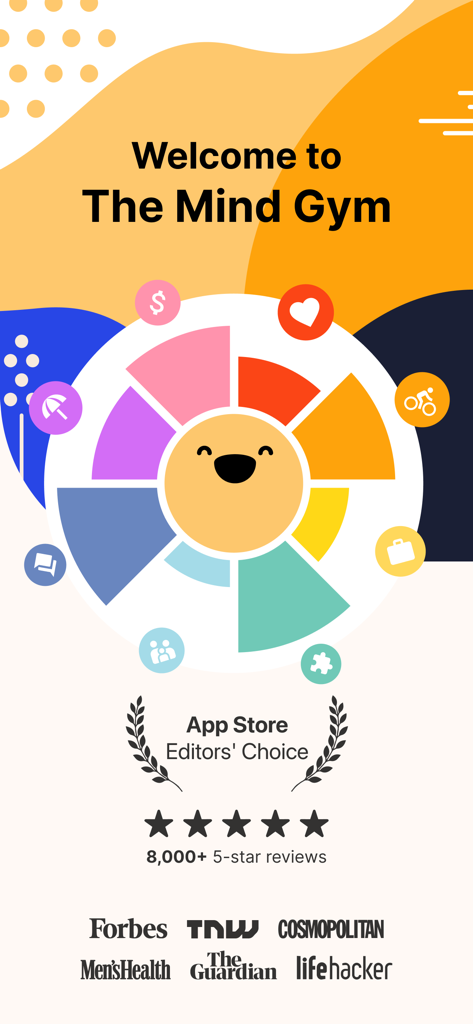 Remente: Self Care & Wellbeing - Remente app welcome screen titled The Mind Gym featuring a colorful life assessment wheel and media endorsements