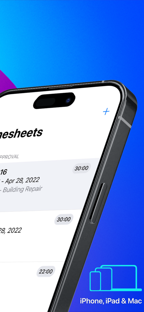 Time Entry for Business - Interfaz que muestra la lista de hojas de tiempo con horas registradas en iPhone, iPad y Mac