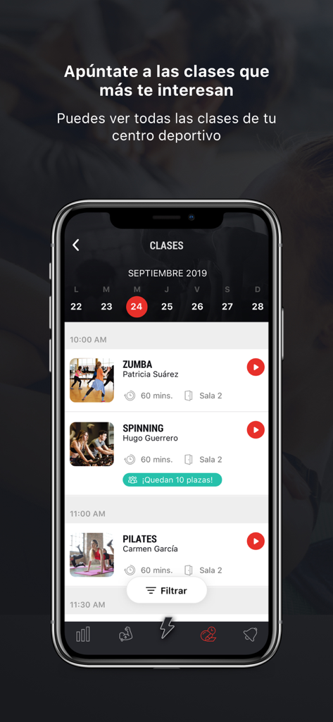 BH GYMLOOP - Pantalla de programación y reserva de clases de la aplicación móvil BH GYMLOOP que muestra sesiones de Zumba y Spinning.