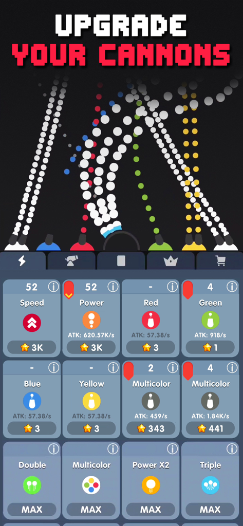 Upgrade menu in Idle Bubbles Cannon showing cannon enhancements and bubble shooting gameplay