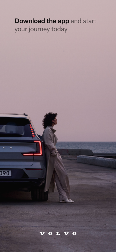 A woman leaning against a Volvo car at sunset with a call to download the app and start your journey.