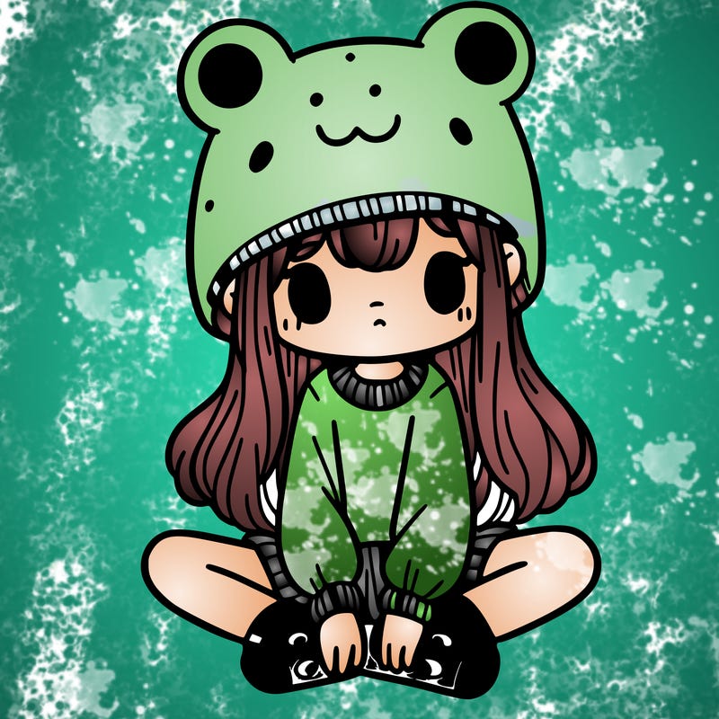a girl wearing a frog hat and some frog socks
