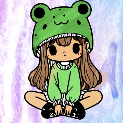 a girl wearing a frog hat and some frog socks
