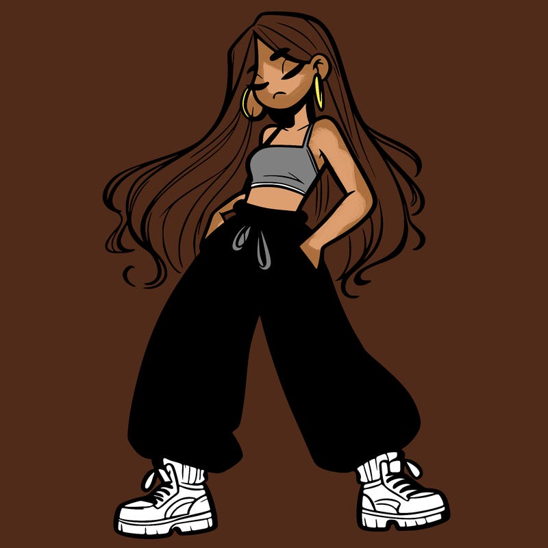 girl in baggy pants crop top and long hair