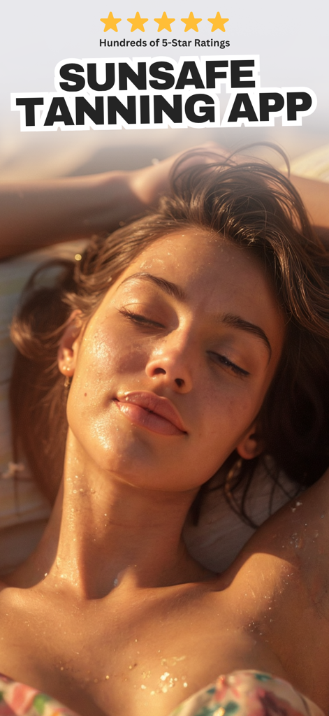 A woman with glowing sun-kissed skin below the SunSafe Tanning App logo and five star ratings