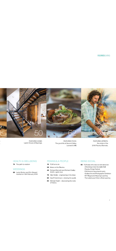 Indice di Fleurieu Living Magazine con sezioni di lifestyle su case, cibo e arte