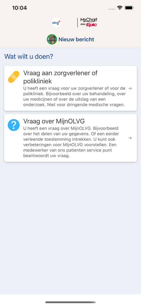 The messaging interface of the MijnOLVG app showing options to contact a healthcare provider or ask a question about the portal