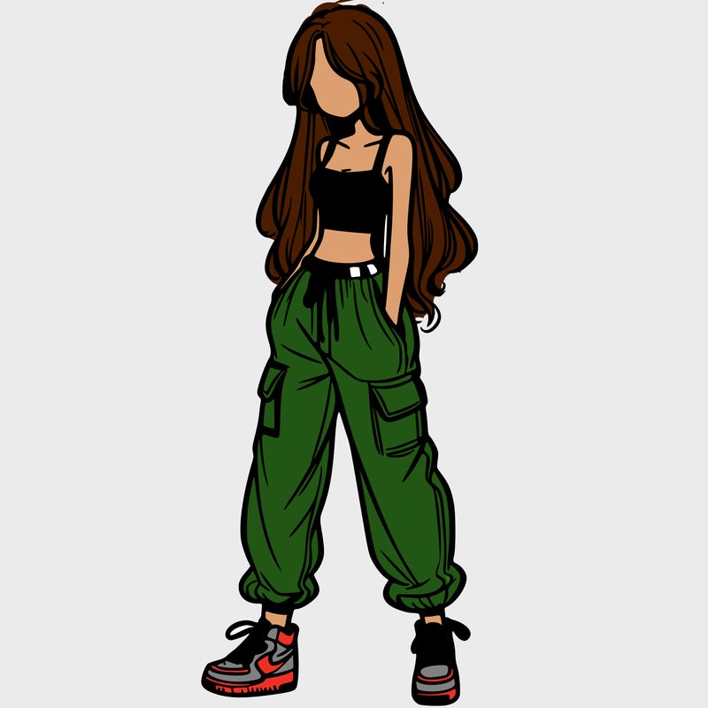 girl in baggy pants crop top and long hair