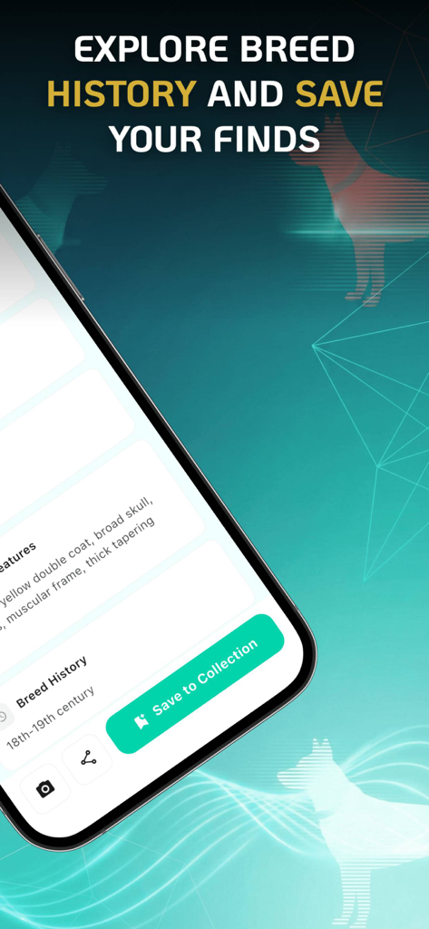 Dog Breed Identifier | Scanner - Dog breed scanner app interface showing breed history and a save to collection button.
