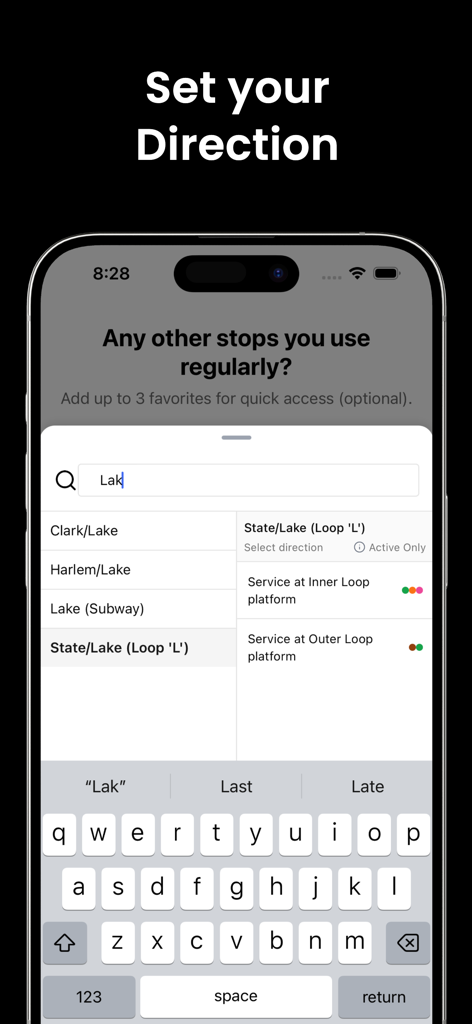 ChiTrackアプリでCTA駅を検索し、移動方向を選択。