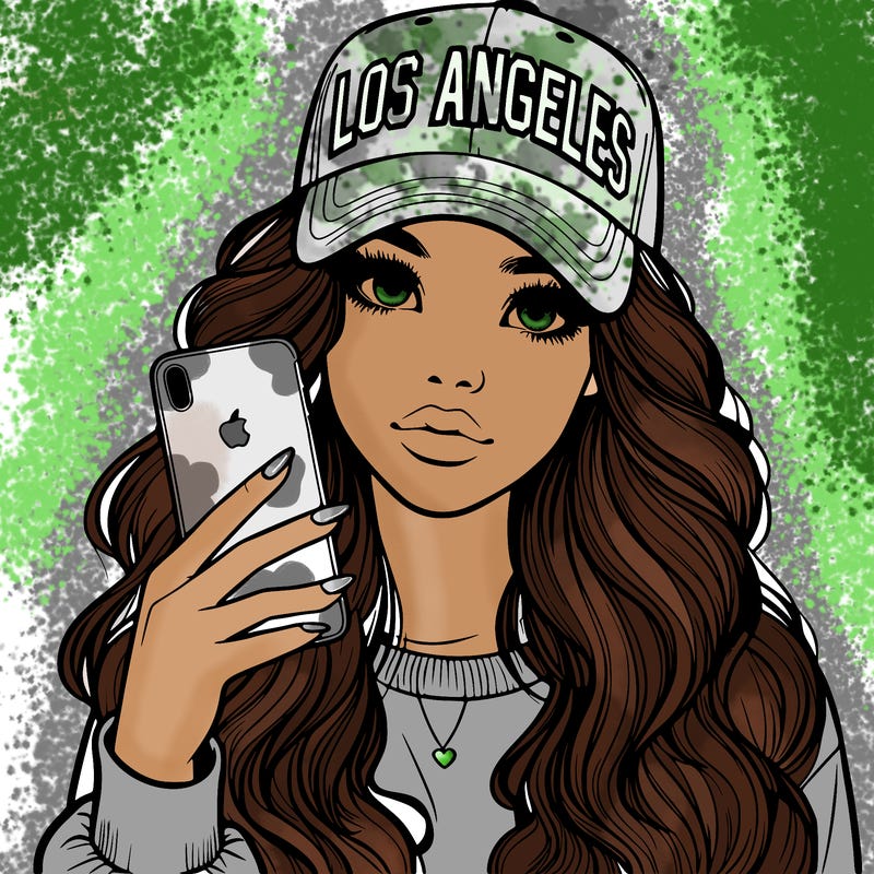 realistic beautiful girl wearing los ángeles cap holding an iphone