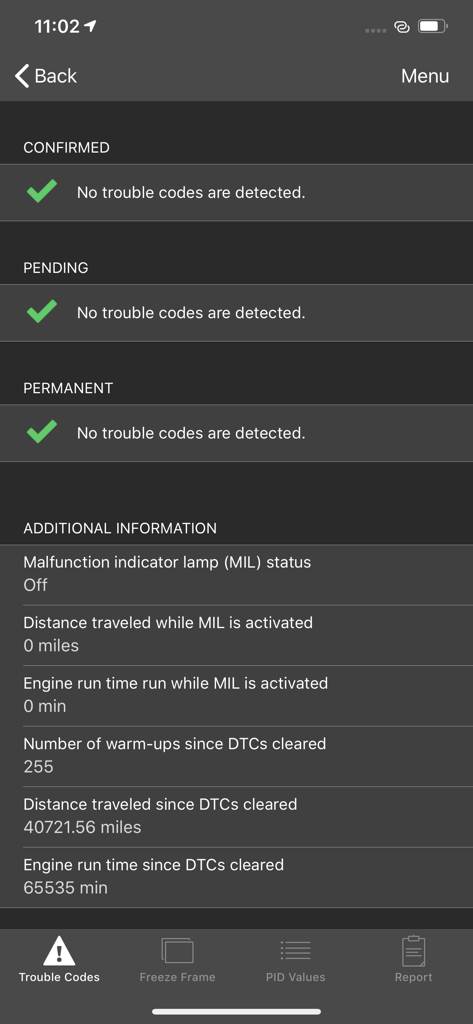 The OBDLink app displaying a vehicle diagnostic scan with no trouble codes found.