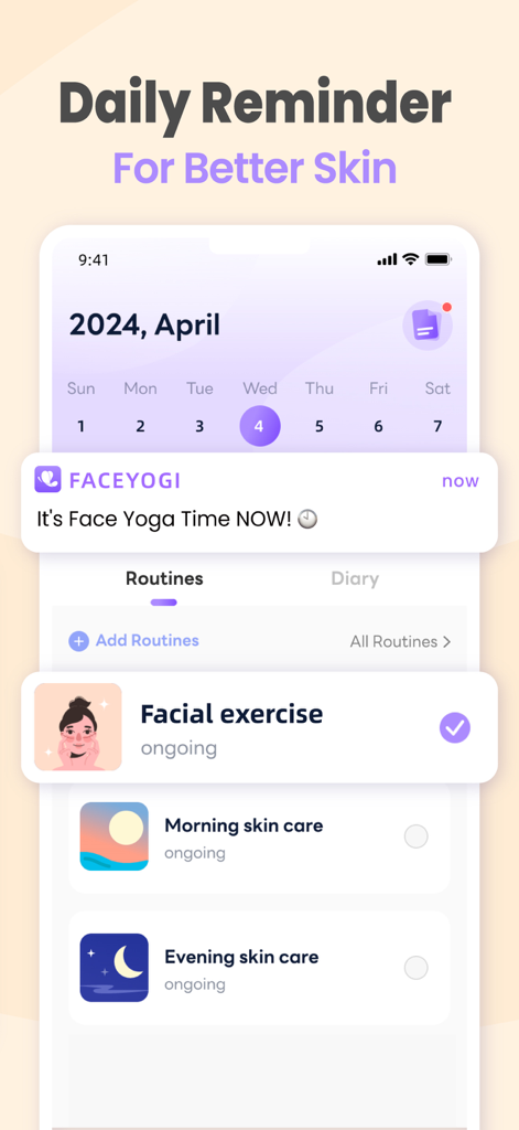 FaceYogi - Face Yoga, Massage - 毎日のリマインダーとスキンケアのルーティンが表示されているFaceYogiアプリのインターフェース。