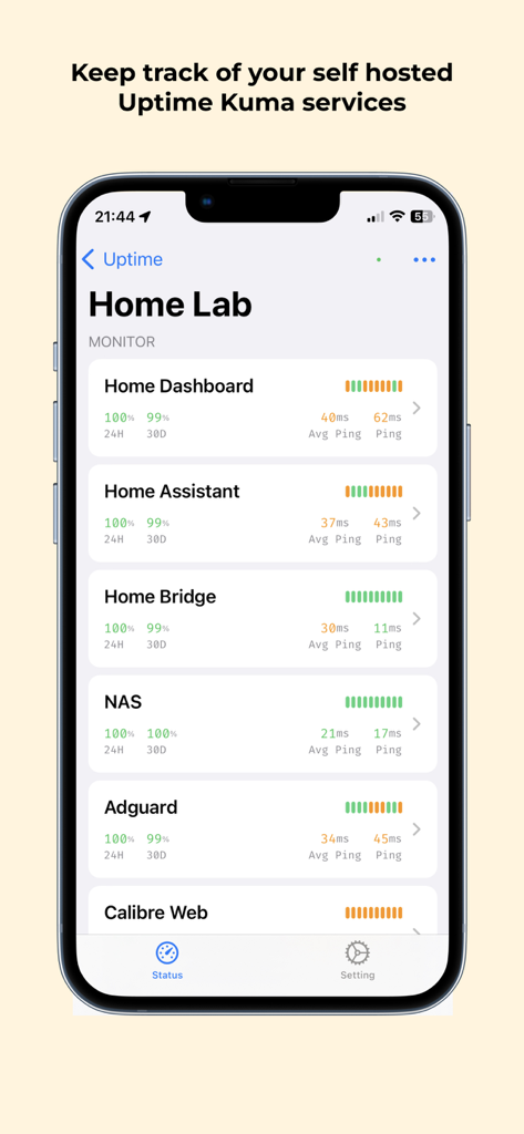 Uptime Kuma Manager - Panel de control de Uptime Kuma Manager mostrando el estado de actividad y ping de los servicios de laboratorio casero autoalojados en un iPhone