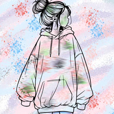 realistic girl with a oversized sweatshirt on and a bun