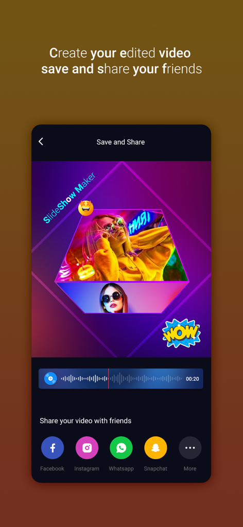 Slideshow Maker With Music ‣ - Pantalla de la aplicación móvil para guardar y compartir un video de presentación de fotos en plataformas de redes sociales.