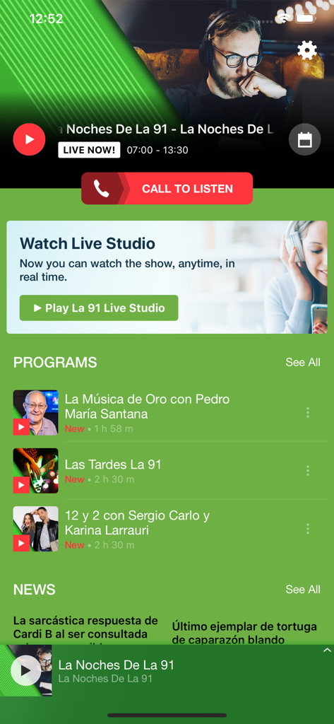 La 91 FM mobile app interface displaying live radio programs and latest news