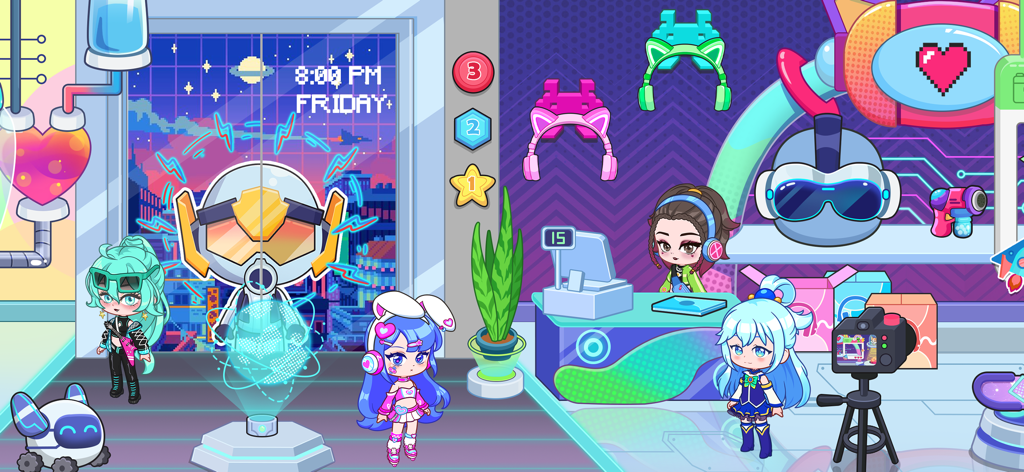 Colorful chibi characters in a futuristic cyber-themed room with robotic pets and neon gadgets.